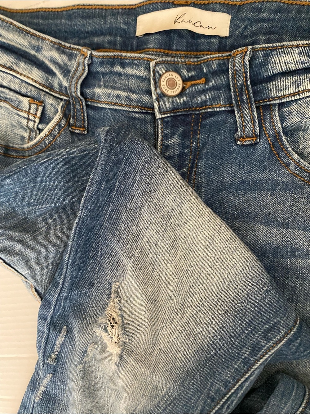 KanCan Women's Medium Blue Distressed Boyfriend Jeans